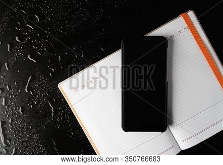 Office Leather Desk Table With Coffee And Supplies. Top View With Copy Space Gadjet