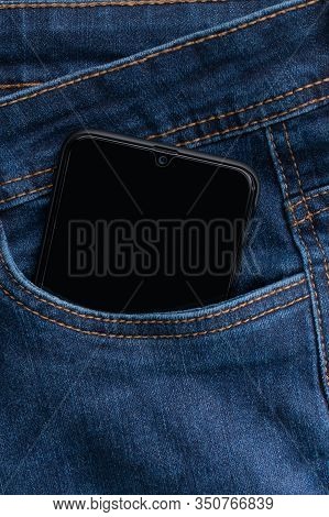 Close Up Smartphone In Blue Jeans Back Pocket Bussines Fashion Stylish Screen Copy Space Gadjet