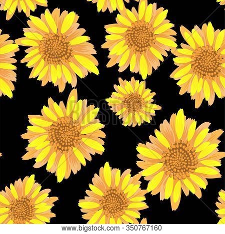 Beautiful Seamless Pattern With Yellow Sunflowers On Black Background. Seamless Vector Pattern. Deco