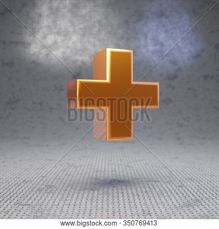 Golden Plus Symbol On Metal Textured Background. 3d Rendered Glossy Metallic Character. Best For Pos