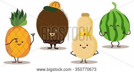 Ananas, Coconut, Pineapple, Squash. Set Of Cartoon Tropical Fruit Characters In Kawaii Style, Isolat