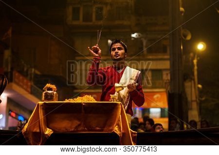 Varanasi, India - Dec 25, 2019: Ganga Aarti On The Dashashwamedh Ghat At Varanasi Uttar Pradesh Indi