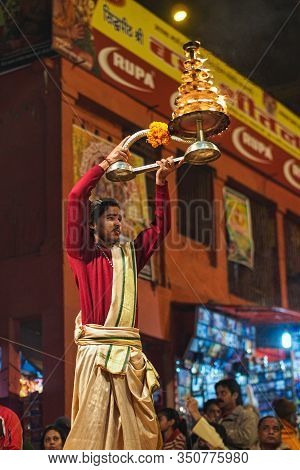 Varanasi, India - Dec 25, 2019: Ganga Aarti On The Dashashwamedh Ghat At Varanasi Uttar Pradesh Indi