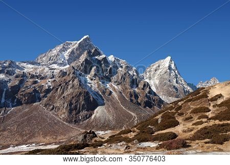 Panorama Of Cholatse And Taboche Mountain View On The Road To Everest Base Camp In Sagarmatha Nation