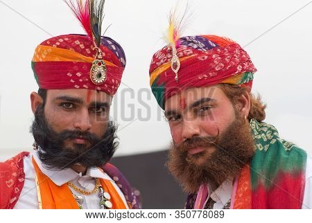 Bikaner, India - January 12, 2020: Rajasthani Handsome Men In Traditional Clothes With Beard And Lon