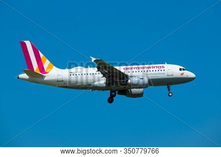 Zurich, Switzerland - July 19, 2018: Germanwings airlines airplane preparing for landing at day time in international airport, clear blue sky