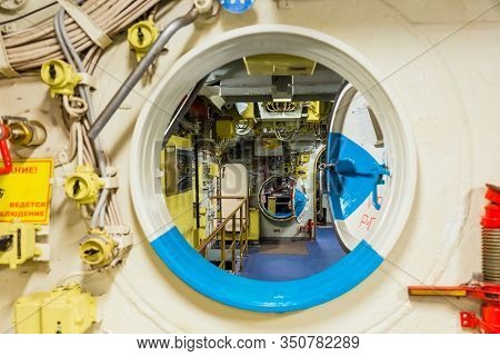 Moscow, Russia - May 04, 2018: Interior of Russian Soviet submarine in museum of naval forces.