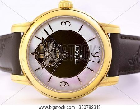 Le Locle, Switzerland 15.01.2020 - Tissot Woman Watch Stainless Steel Case, Gold Pvd Coating Leather
