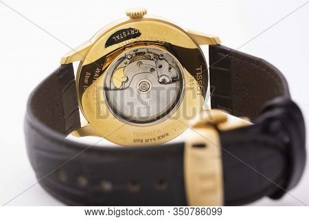 Le Locle, Switzerland 15.01.2020 - Tissot Man Watch Stainless Steel Case, Gold Pvd Coating Leather S