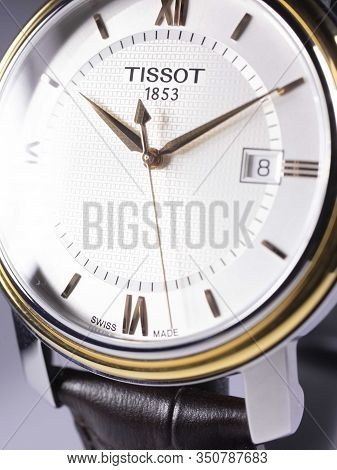 Le Locle, Switzerland 15.01.2020 - Tissot Woman Watch Stainless Steel Case, Gold Pvd Coating White C
