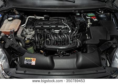 Novosibirsk, Russia - November 13, 2019:  Ford Focus, Close Up Detail Of  Car Engine, Front View. In