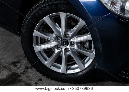 Novosibirsk, Russia - November 27, 2019:  Mazda 6, Close-up Car Wheel With Aluminum Alloy Wheel And 