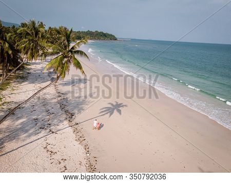 Hat Thun Wua Laen Beach In Chumphon Area Thailand, Drone View From Above At The Beach With White San