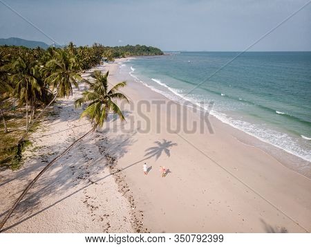 Hat Thun Wua Laen Beach In Chumphon Area Thailand, Drone View From Above At The Beach With White San