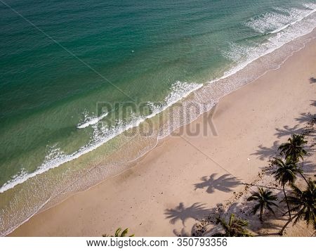 Hat Thun Wua Laen Beach In Chumphon Area Thailand, Drone View From Above At The Beach With White San