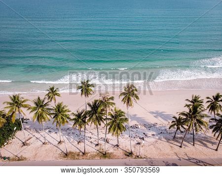Hat Thun Wua Laen Beach In Chumphon Area Thailand, Drone View From Above At The Beach With White San