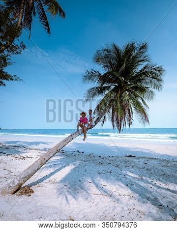 Wua Laen Beach Chumphon Area Thailand, Palm Tree Hanging Over The Beach With Couple On Vacation In T