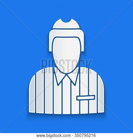 Paper Cut Hockey Judge, Referee, Arbiter Icon Isolated On Blue Background. Paper Art Style. Vector I