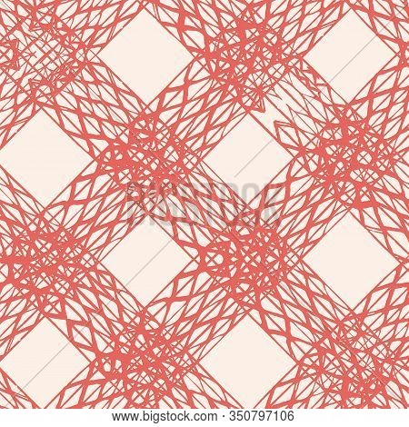 Terracotta Red And Beige Vector Seamless Check Pattern. Allover Pattern. Ink Grunge Grid. Hand Drawn