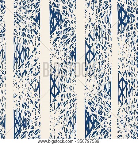 Indigo And White Vector Seamless Check Pattern. Allover Pattern. Ink Grunge Grid. Hand Drawn Seamles