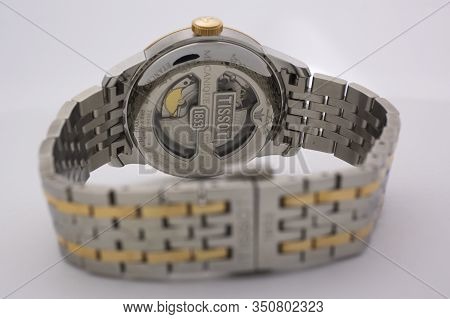 Le Locle, Switzerland 15.01.2020 - Tissot Woman Watch Stainless Steel Case, Gold Pvd Coating White C