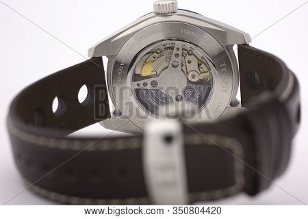 Le Locle, Switzerland 15.01.2020 - Tissot Man Watch Stainless Steel Case, Leather Strap Swiss Quartz