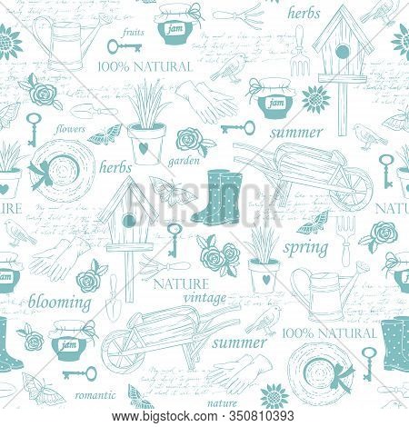 Seamless Pattern With Garden Accessories, Plants And Tools. Linen Hand Drawn Illustrations On White 