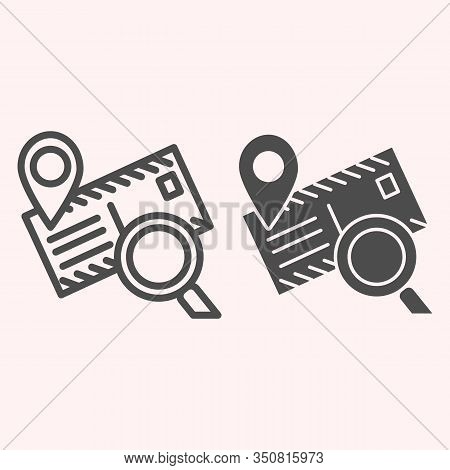 Postage Mail Tracking Line And Glyph Icon. Location Map Pin With Envelope And Magnifier. Postal Serv