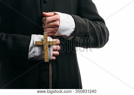 Cropped View Of Catholic Priest Holding Necklace With Golden Cross Isolated On White