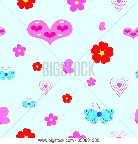 Flying Pretty Butterfly Flower And Heart Vector Seamless Pattern. Childish Fashion Textile Print Des