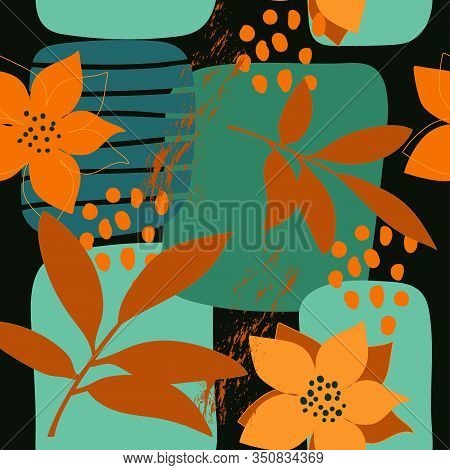 Seamless Floral Collage Pattern With Orange Flowers And Leaves On A Black Background. Vector Illustr