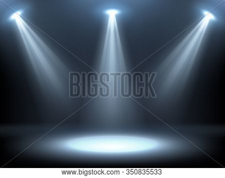 Stage Illuminated By Spotlights. Empty Podium With Spot Of Light. Vector Realistic Mockup Of Studio 