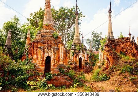 Shwe Indein pagoda with hundrets of centuries old stupas near lake Inle in Myanmar