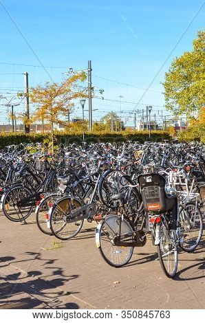 Venlo, Limburg, Netherlands - October 13, 2018: Rows Of Parked Bicycles In The Dutch City Close To T