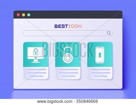 Set Safe Combination Lock Wheel , Lock On Computer Monitor Screen And Smartphone With Lock Icon. Vec