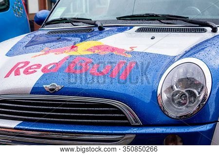 Uzhhorod, Ukraine - 14 Jul, 2013: Red Bull Mini Cooper Publicity Car Detail. Fancy Car Tuning Used F