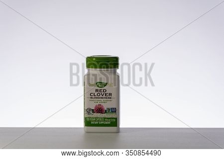 Davis, Ca, 09 February, 2020.. Bottle Of Nature Ways Red Clover Gainst White Background, Centered, F