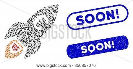 Collage Euro Rocket Startup And Corroded Stamp Seals With Soon Exclamation Phrase. Mosaic Vector Eur