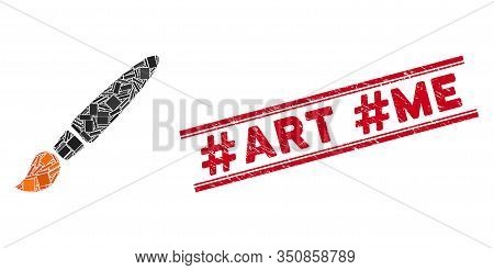 Mosaic Brush Icon And Red Hashtag Art Hashtag Me Seal Stamp Between Double Parallel Lines. Flat Vect