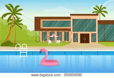 Modern House Villa Exterior With Swimming Pool At Backyard Illustration
