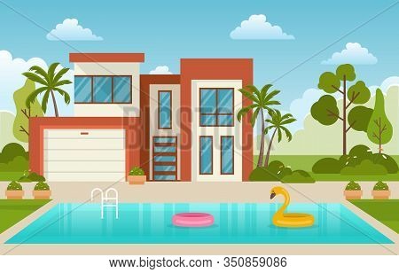 Modern House Villa Exterior With Swimming Pool At Backyard Illustration