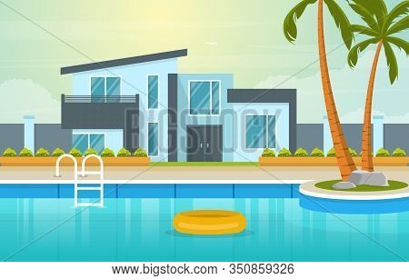 Modern House Villa Exterior With Swimming Pool At Backyard Illustration