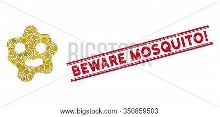 Mosaic Ameba Pictogram And Red Beware Mosquito Exclamation Seal Between Double Parallel Lines. Flat 