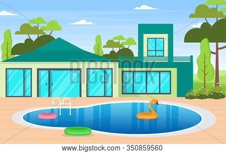 Modern House Villa Exterior With Swimming Pool At Backyard Illustration