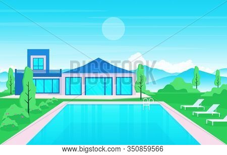 Modern House Villa Exterior With Swimming Pool At Backyard Illustration