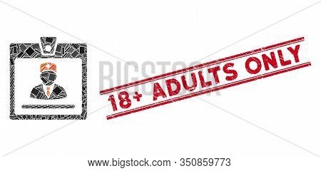 Mosaic Doctor Badge Pictogram And Red 18 Plus Adults Only Stamp Between Double Parallel Lines. Flat 