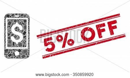Mosaic Mobile Balance Icon And Red 5 Percent Off Seal Stamp Between Double Parallel Lines. Flat Vect
