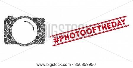 Mosaic Photo Camera Icon And Red Hashtag Photooftheday Rubber Print Between Double Parallel Lines. F