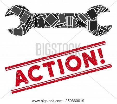 Mosaic Wrench Pictogram And Red Action Exclamation Stamp Between Double Parallel Lines. Flat Vector 