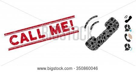 Mosaic Call Pictogram And Red Call Me Exclamation Seal Stamp Between Double Parallel Lines. Flat Vec